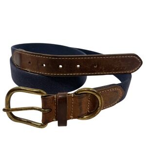 Vintage Navy Canvas Leather Belt Mens 44 Brown Leather Made in Argentina Brass